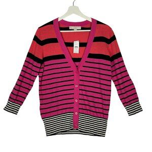 Ann Taylor Loft Cardigan Sweater Women M Stripe 3/4 Sleeve Button Up Pink Orange